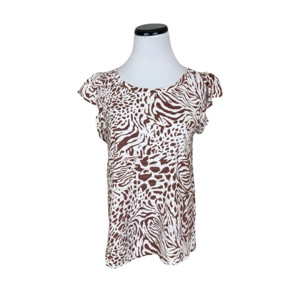 Jane & Delancey Animal Print 100% Cotton Short Flutter Sleeve Blouse Size Medium